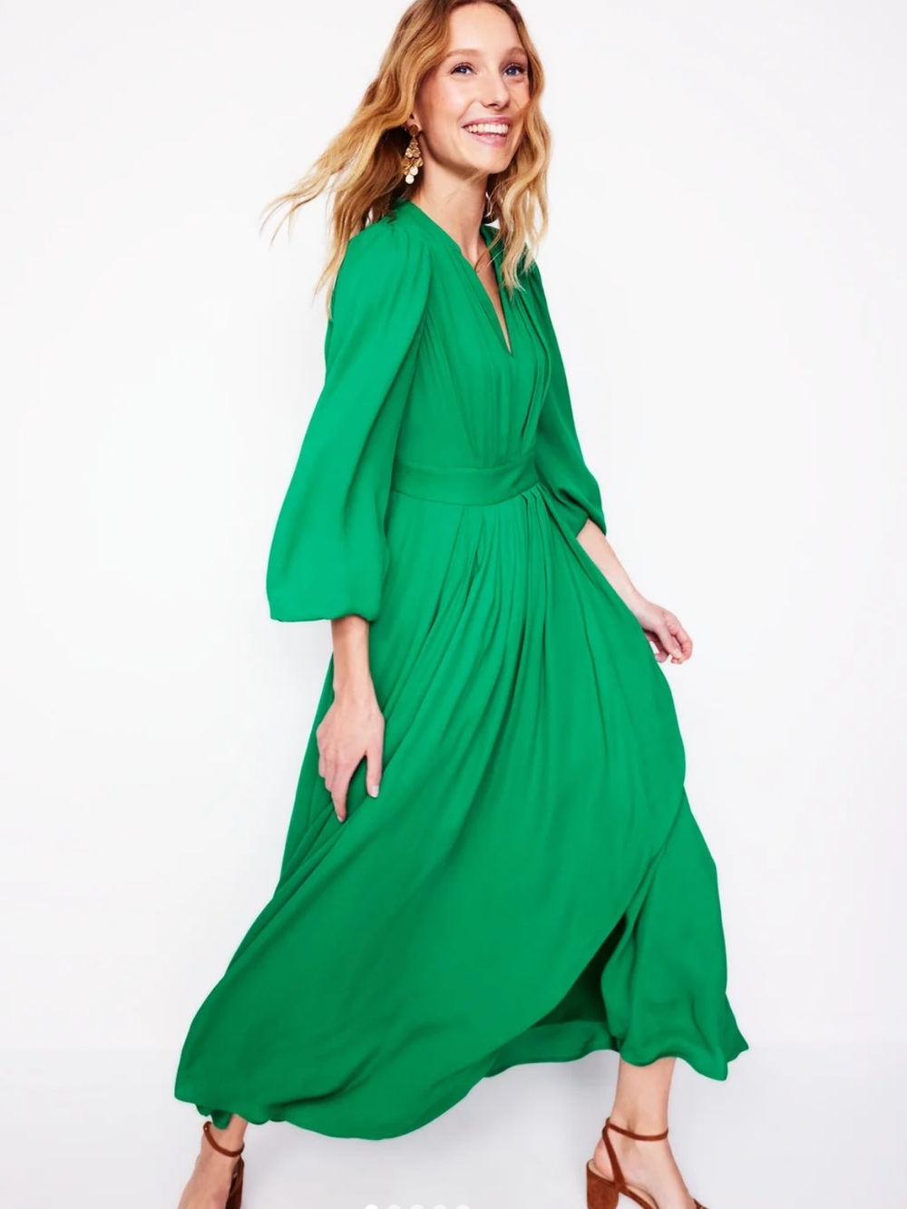 NWT Boden Pleat Detail Blouse Dress Maxi Rich Emerald Green 10